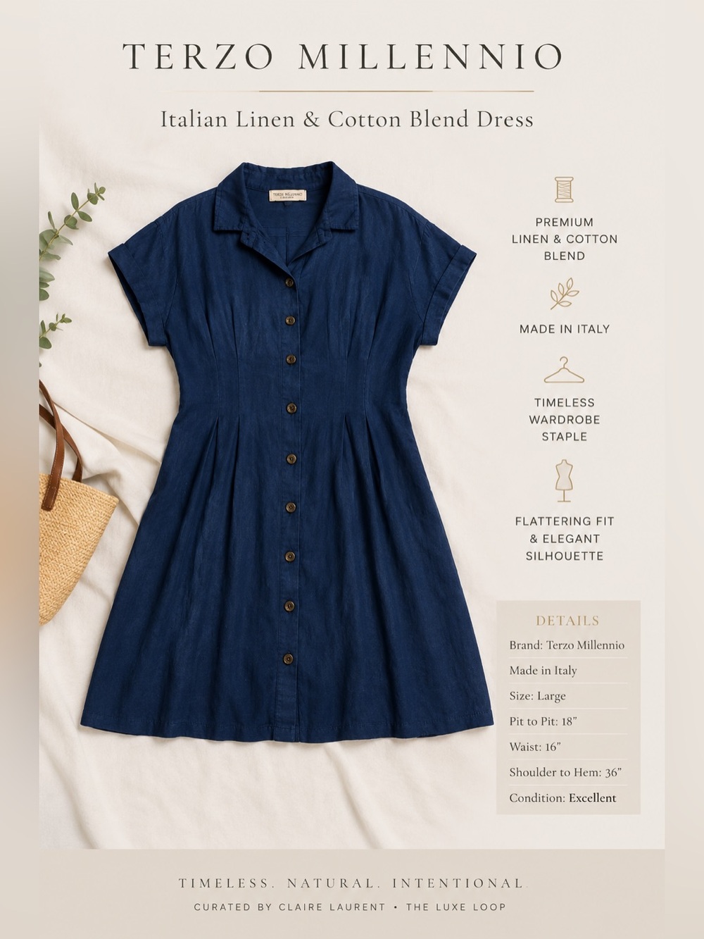 Terzo Millennio Navy Linen-Cotton Button-Front Midi Dress
